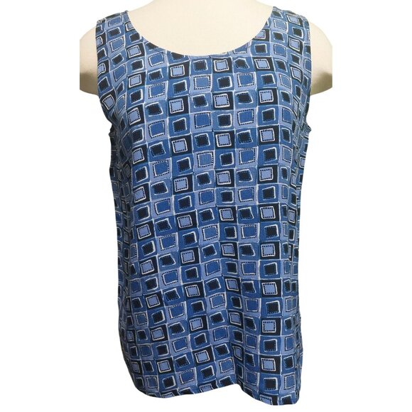 Robbie Bee Blue Geometric Sleeveless 100% Silk Blouse Womens Medium - Picture 1 of 8